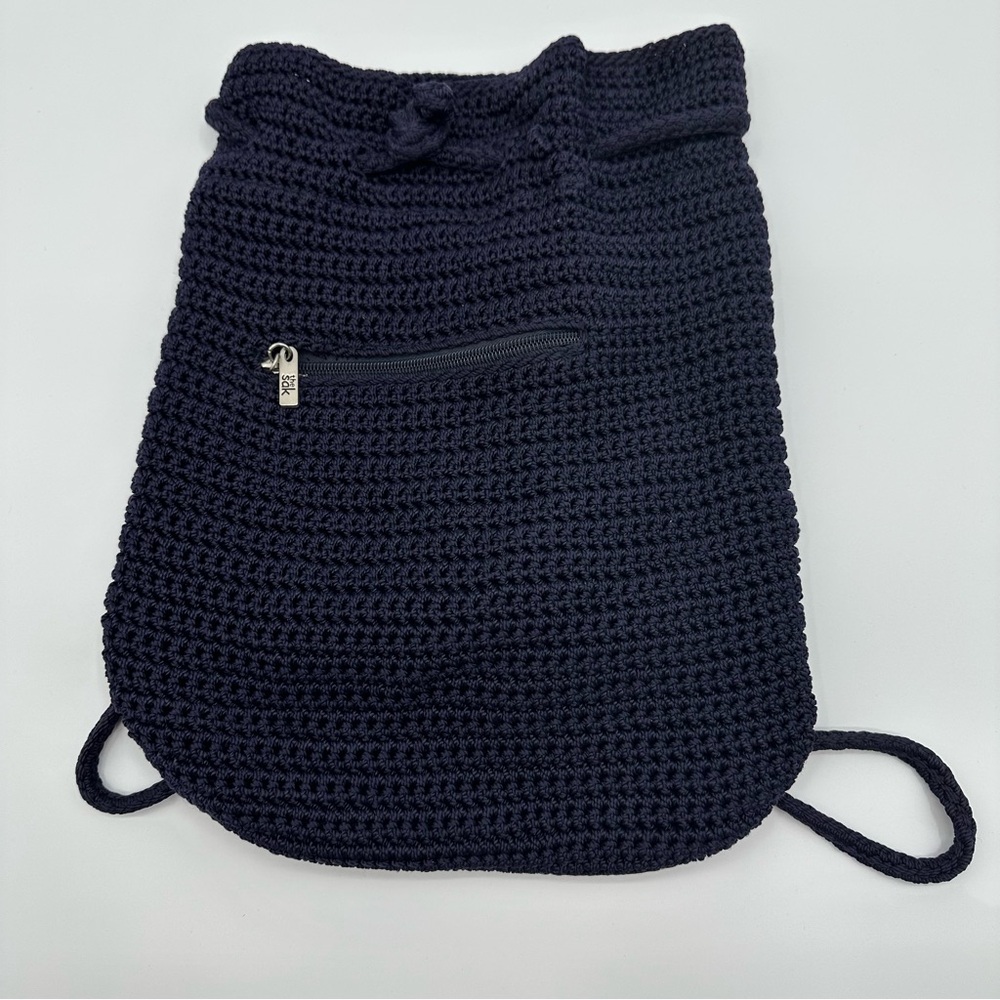The SAK Crocheted Blue Mini Backpack‎ Drawstring Handbag Purse Zip Pocket